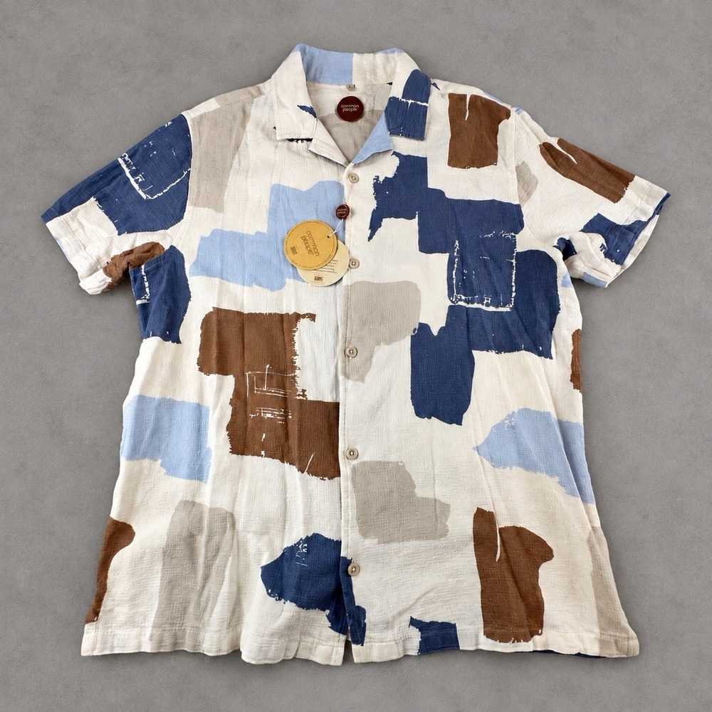 Common People Mens L Cotton Patchwork Abstract Short Sleeve Button Up Shirt